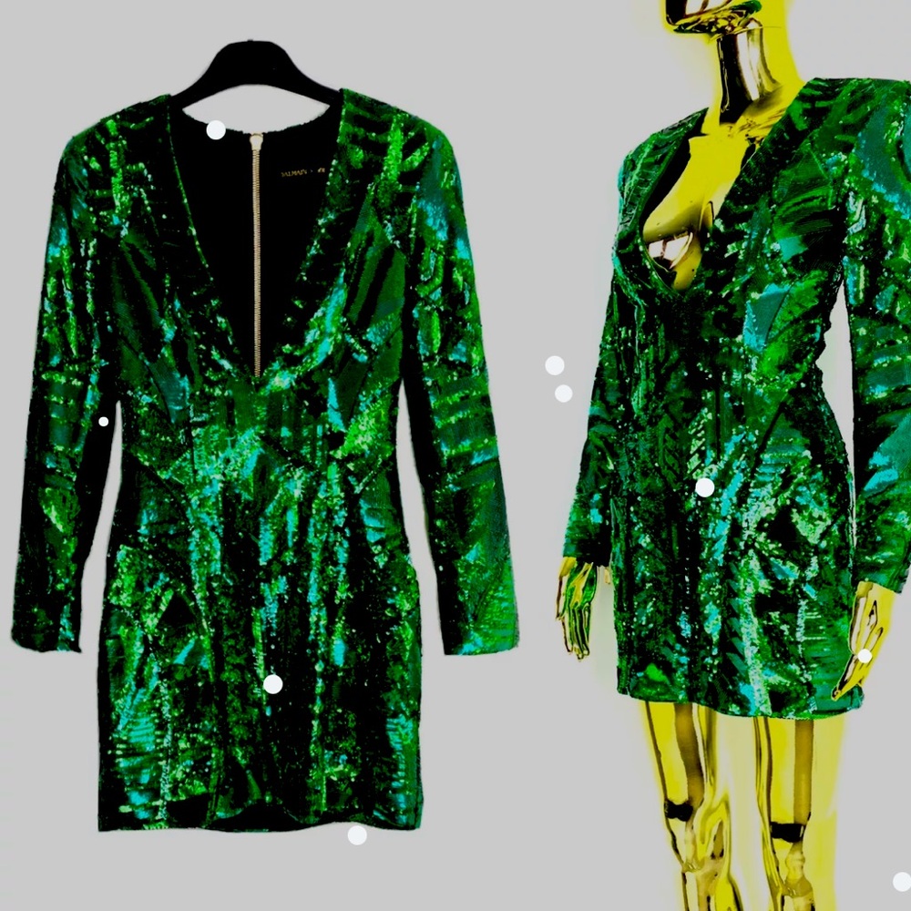 Balmain X H&M Green Sequin Dress With Sleeves Size 12- Brand New! Never Worn!